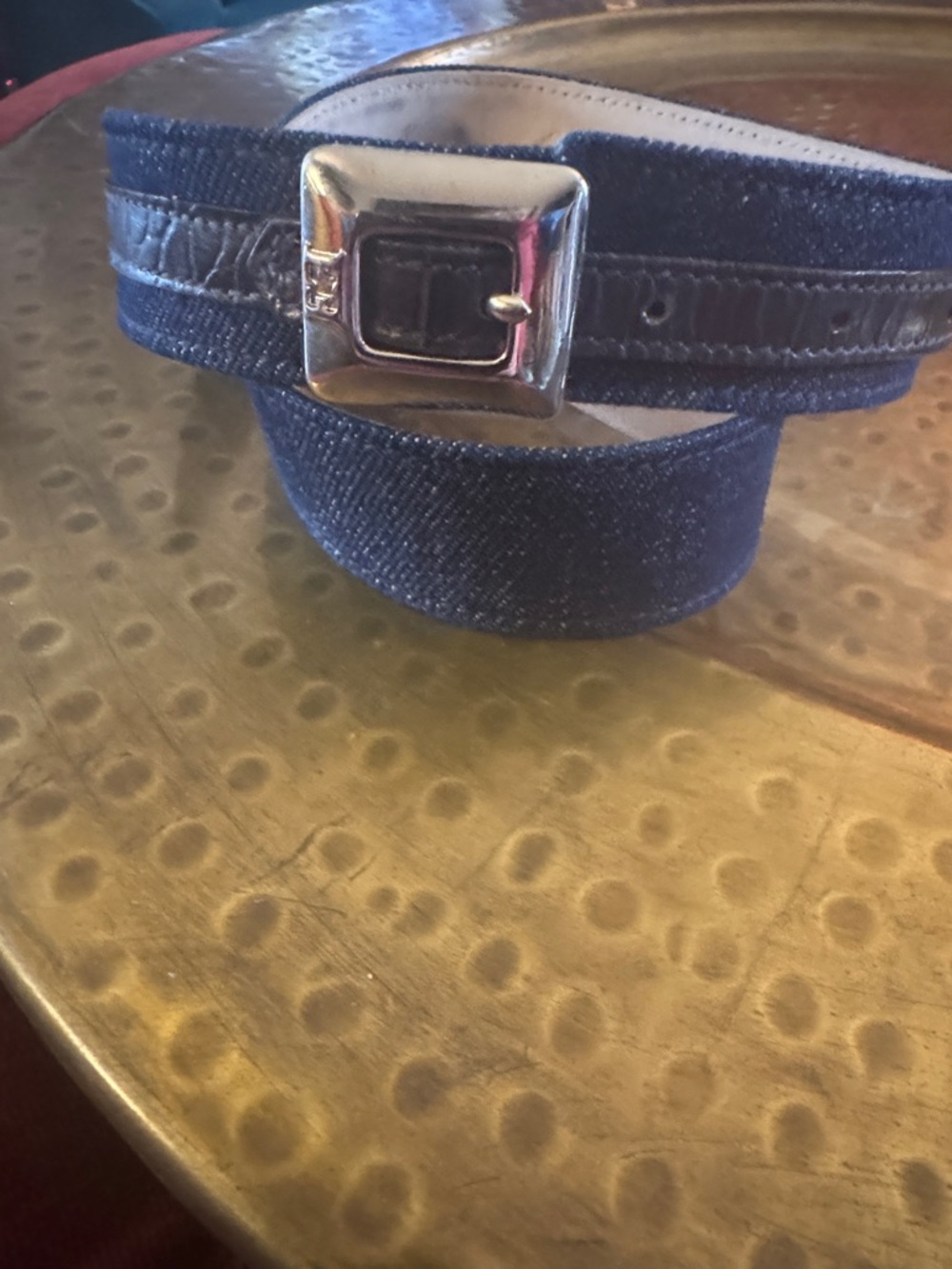 Escada Denim Strap Belt with Square Silver Buckle